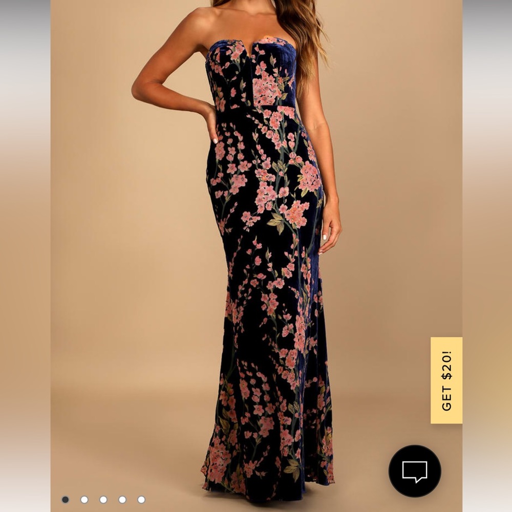 NWT Navy Blue Floral Print Velvet Strapless Maxi Dress